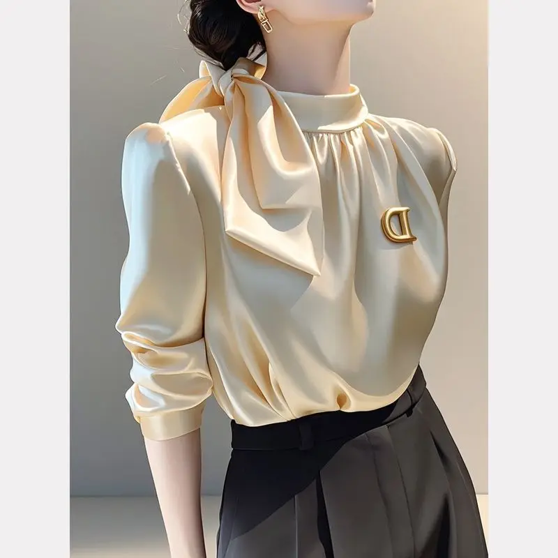 Temperament Bandage Loose Blouse Spring New Long Sleeve Pleated Solid Color High Street Shirt Tops Elegant Fashion Women Clothes