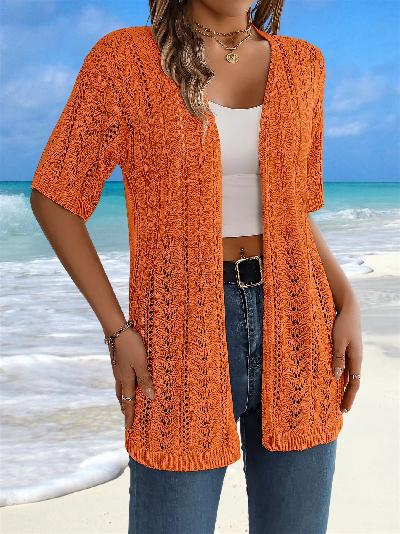 Crochet Tops for Women Short Sleeve Mesh Lightweight Summer Cardigan Open-Front Cover Ups Knitted Sheer Tops