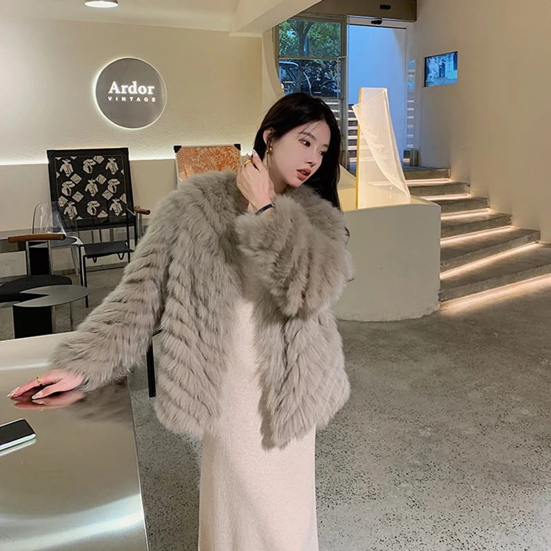 Women\'s Natural Fur Coat Winter New High Quality Strip Fox Fur Jackets Young Lady V-neck Korean Fashion Simple Kurtka Futro Tops