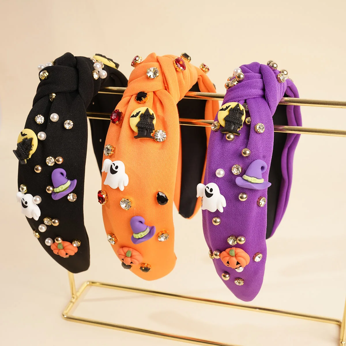 Fabric Knot Imitation Pearl Water Drill Hairband European And American Ghost Pumpkin Halloween Hair Hoop Ornament Fashion Funny