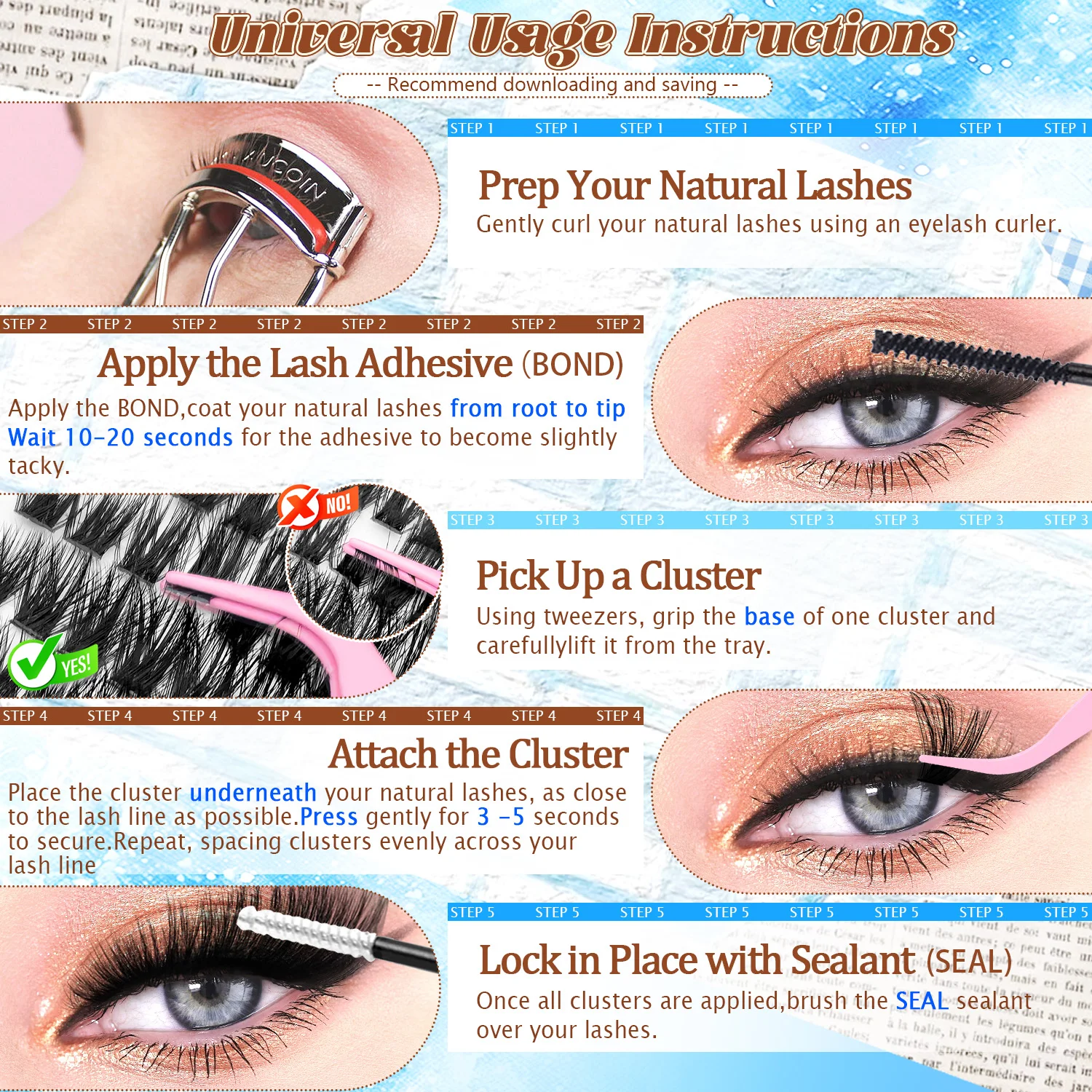 768PCS DIY Cluster Lash Extension Kit 10D 20D 30D 40D D Curl Individual Lashes With Bond Seal Tweezers 10-16mm Mixed Bottom Lash image 6
