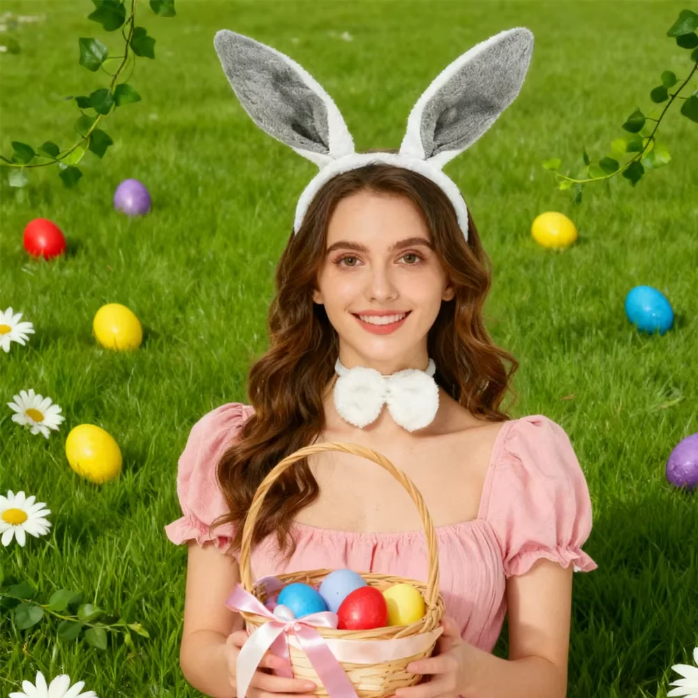 PESENAR  Easter Bunny Costume Set with Grey Ears Headband Bow Tie and Tail for Holiday Party Accessory