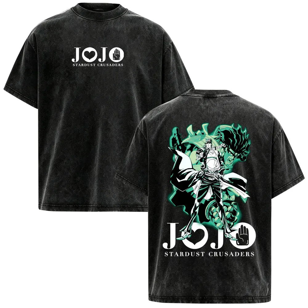 Anime JoJo Bizarre Adventure Stardust Crusaders Kujo Jotaro Vintage Washed T-shirts Men's Women Clothing Fashion Retro T Shirts