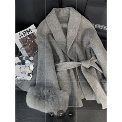 Wool & Blends Bandage Waist Fur Sleeve Coat Women Trench Winter Clothes Top Grey Jackets Wrap Vintage Streetwear