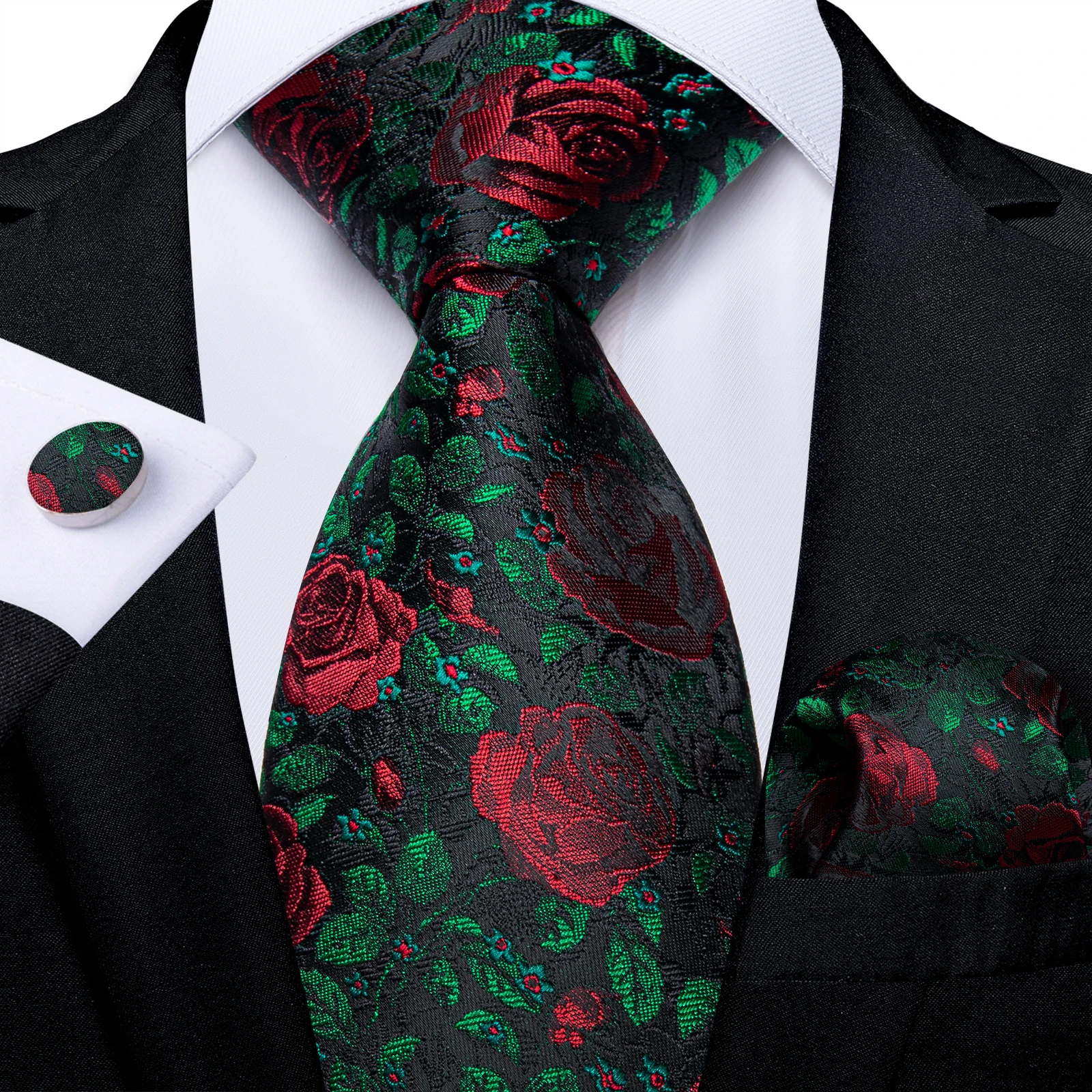 Corbatas de seda para hombre, corbatas clásicas de 8cm, de color verde, Floral, rosa roja, accesorios de fiesta de boda, gemelos cuadrados de bolsillo, regalo, Dropshipping