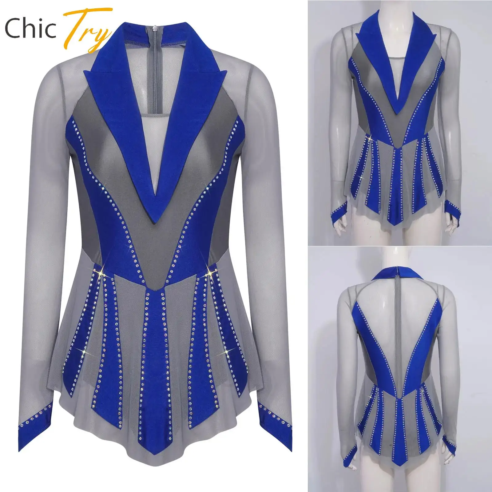 

Women Figure Ice Skating Dresses Long Sleeve Rhinestone Tights Gymnastics Dress Leotard Ballet Lyrical Dance Performance Costume