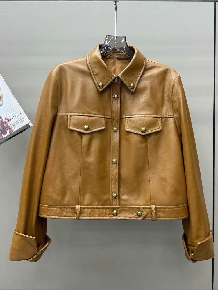 Damska kurtka motocyklowa z prawdziwej skóry, jesień, jednorzędowa, punkowa, z wykładanym kołnierzem, krótki płaszcz, odzież uliczna, casualowa odzież wierzchnia, damska.