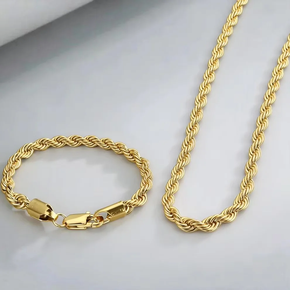 2PCS/Set 18K Gold Classy 4MM Rope Chain Necklace Bracelets Set Fashion For Man Boy Women Christmas Gifts Jewelry Wedding Party