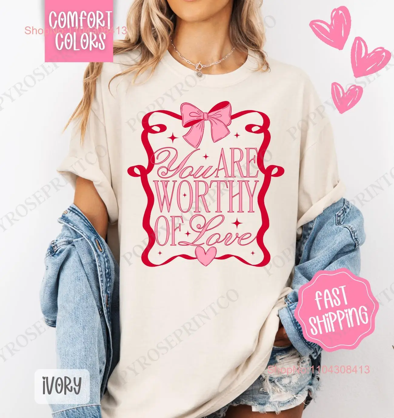 You Are Worthy Of Love T Shirt Comfort Colors Valentine's Day Women's Valentine Coquette Bow for Her