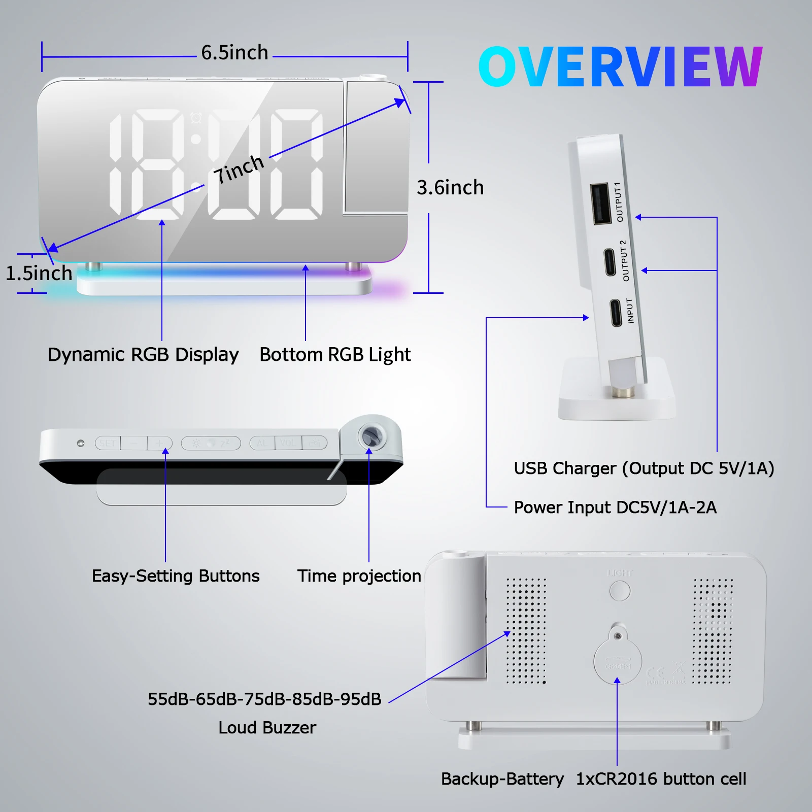New LED Digital Alarm Clock Table Watch Electronic Desktop Clocks USB Wake Up FM Radio Time Projector Snooze Function Alarm - Image 3