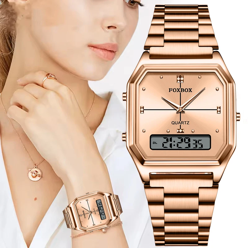 

FOXBOX New Fashion Digital Watches For Women Square Rose Gold Stainless Steel Waterproof Women's Quartz Wristwatch Reloj Mujer