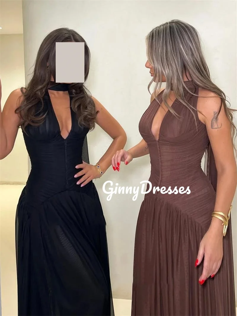 Gaun Malam Mewah Model A-Line Kerah V Dalam Berdetail Ruffle Hitam, Panjang Menyentuh Lantai Tanpa Lengan dengan Ritsleting, Vestidos De Festa 2025