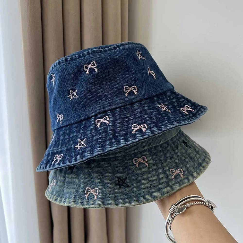 

Retro Style Basin Cap New Korean Style Sunscreen Sunshade Hat Bow Knot Show Small Facial Features Denim Cap Versatile