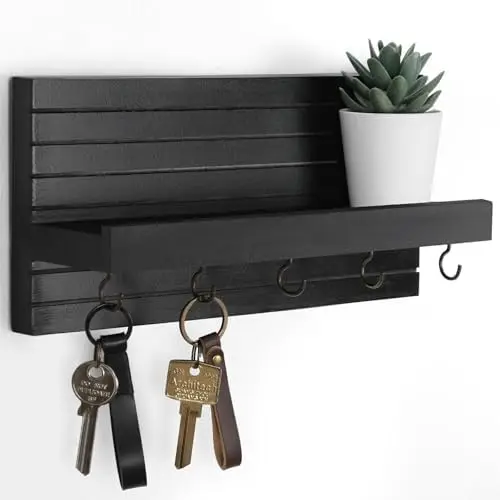 Porta llaves de pared con estante – Elegante organizador para entrada, para llaves, correas y chaquetas – Colgador de madera negra