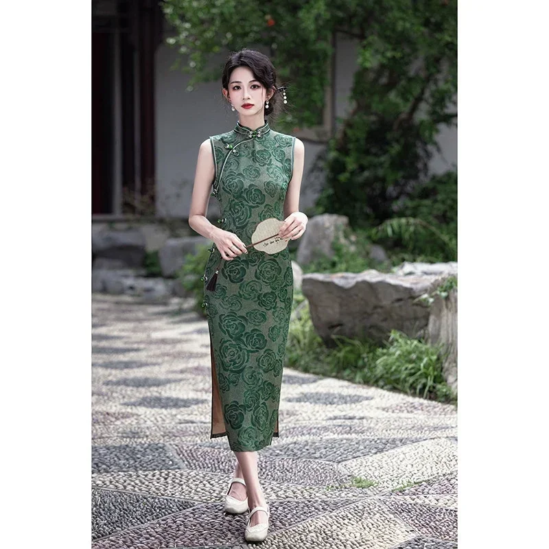 

Весна/Лето 2022, новое зеленое платье Cheongsam с принтом, длинное стильное улучшенное двухслойное платье Qipao для девочек