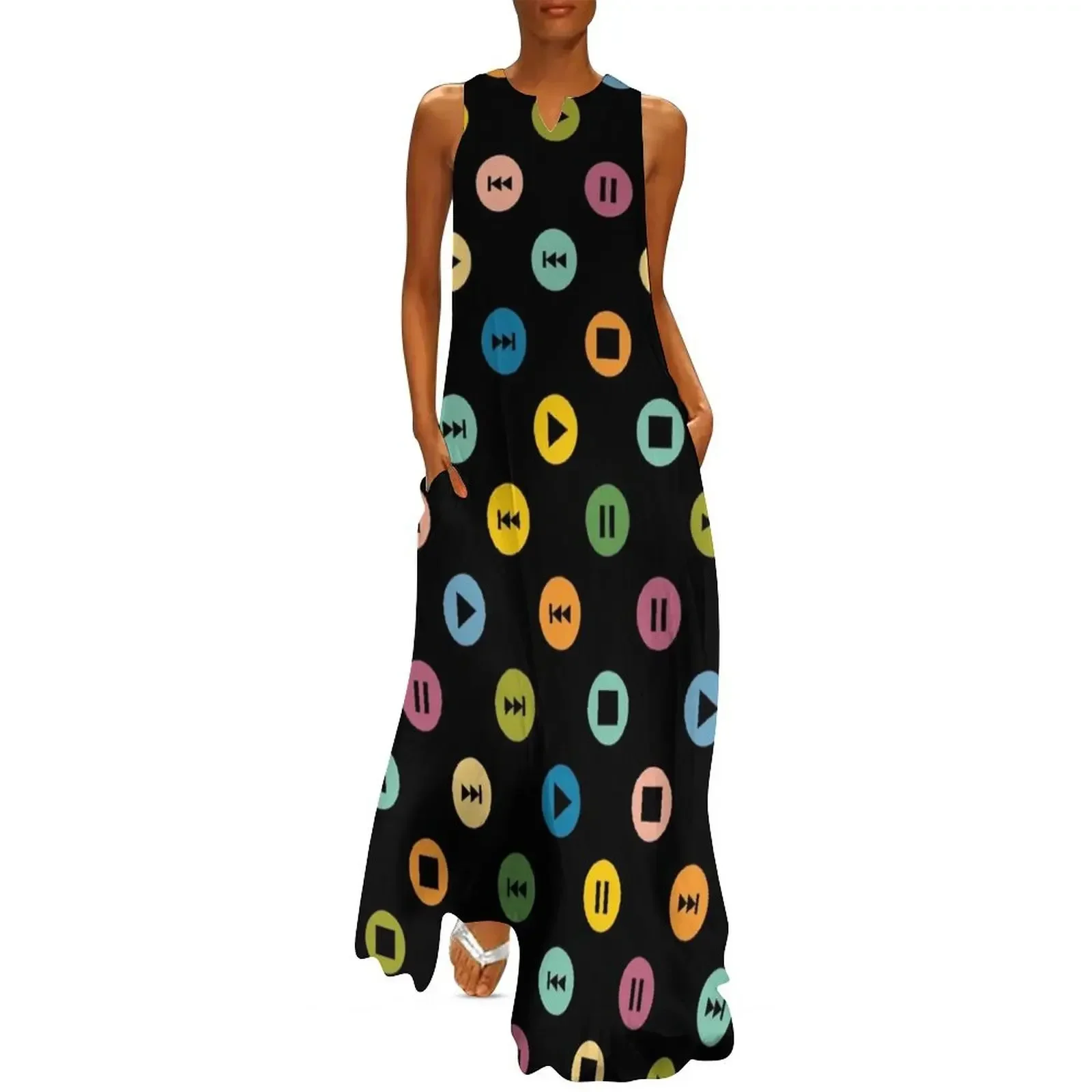 

Little Music Player Icons Polka Dots (Multicolor on Black) Long Dress Dress woman party dresses woman elegant dress