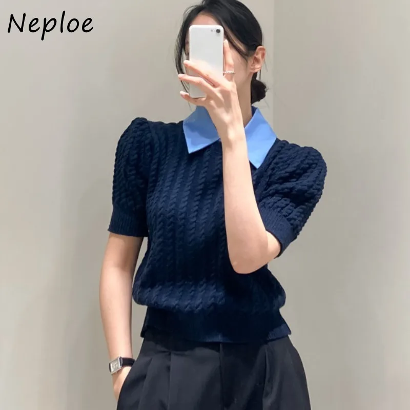 Neploe Vintage Sweet Fake Two Piece Knitted Tops Women Y2k Puff Sleeve Sweater Mujer 2025 Spring New Lapel Neck Pullovers