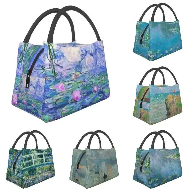 Claude Monet Water Lilies Portable Lunch Boxes Women Leakproof Garden Paintings Cooler Thermal Food Insulated Lunch Bag