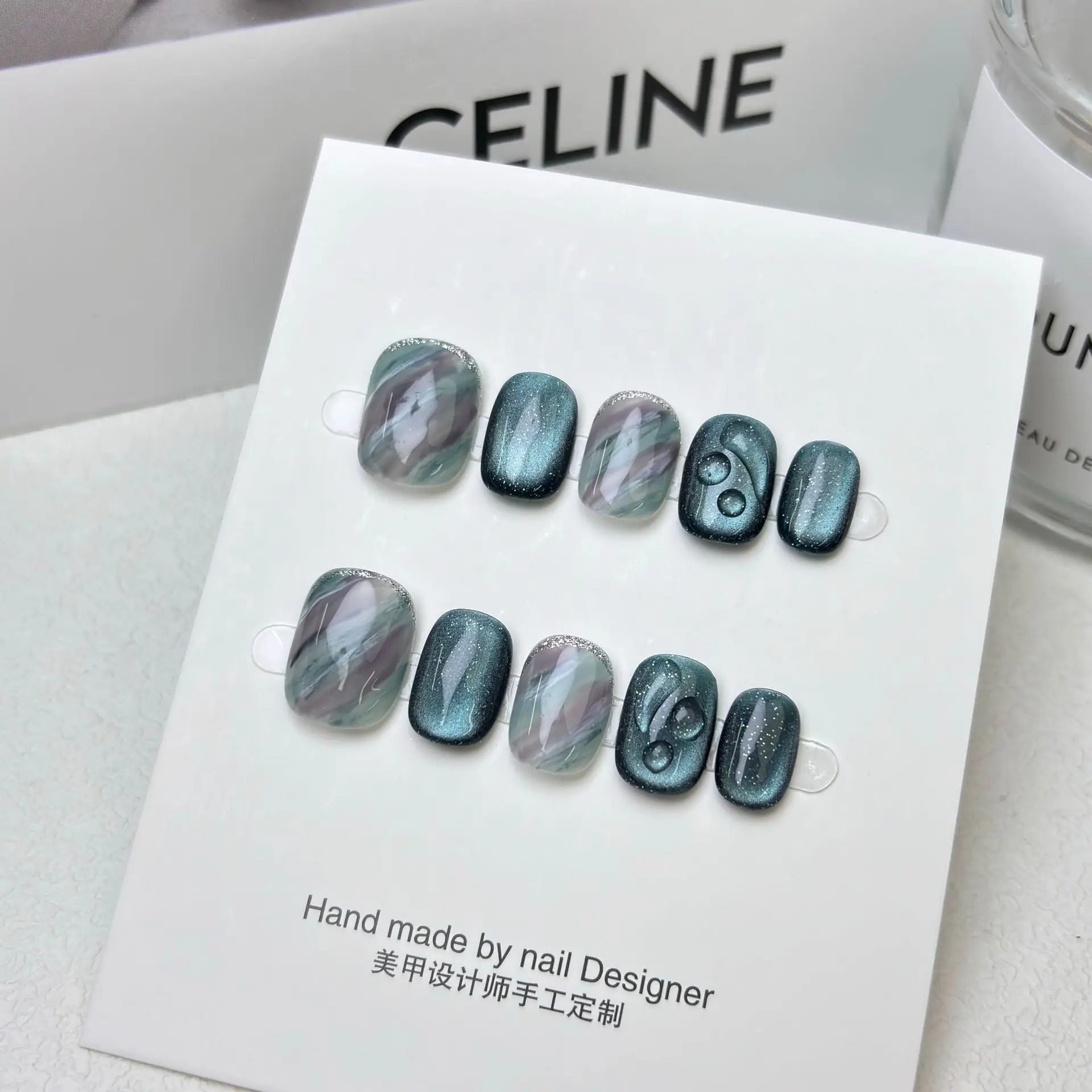 10 قطعة الصحافة اليدوية على الأظافر قطرة الماء تبييض انفصال قصيرة لطيف الأظافر كاذبة تلميح الفن فتاة هدية