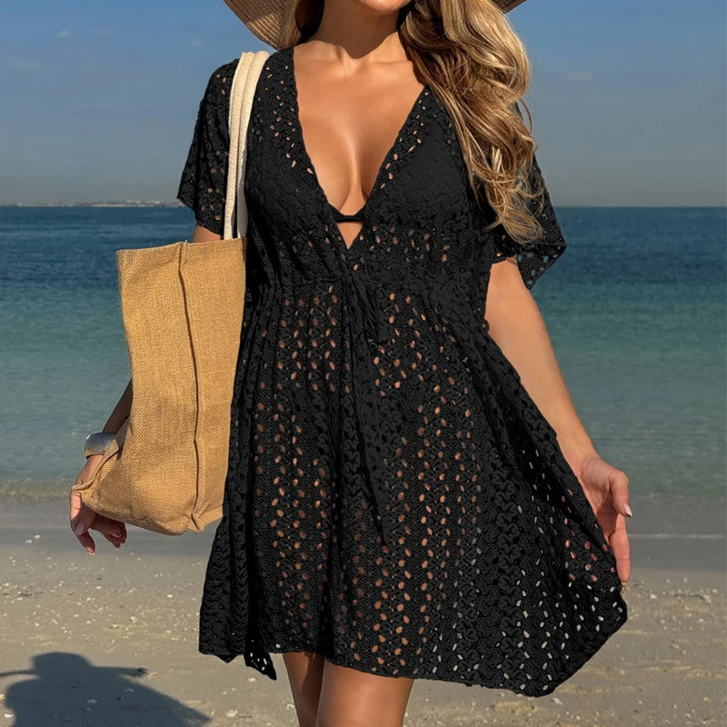 Robe portefeuille Sexy à col en V profond, manches longues, fente latérale, tricot ajouré, vêtements de plage, Cover-Up pour les vacances d'été, robe courte élégante