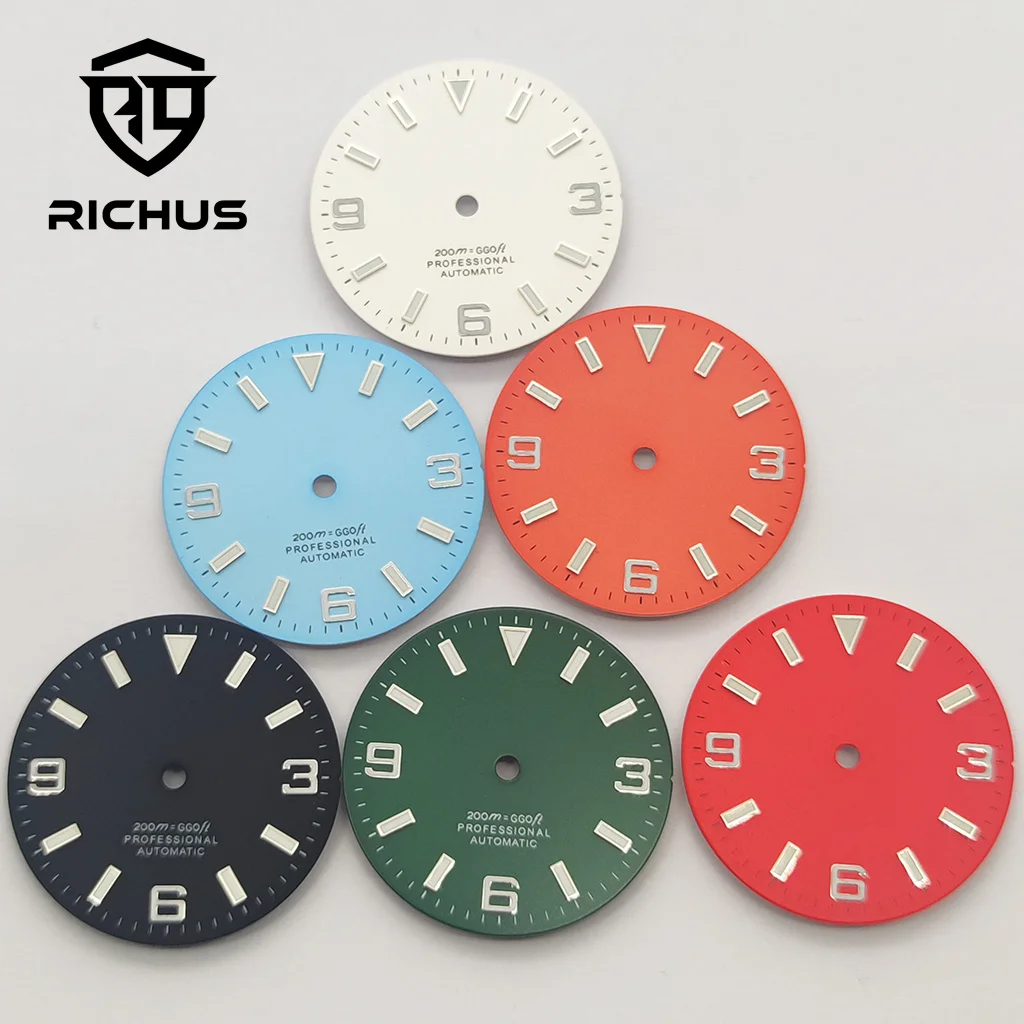 RICHUS 29mm esfera del reloj azul verde luminoso ajuste NH35 NH36 ETA2824 2836 Miyota8215DG2813 3804 movimiento