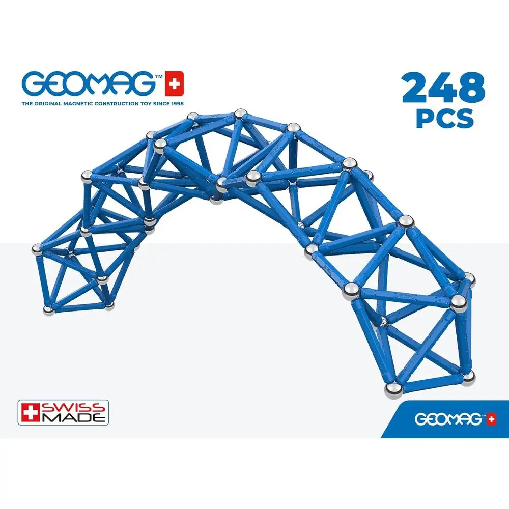 STEM Magnetic Building Set for Kids 8+: 248-Piece Blue Geomag Masterbox - Swiss Recycled Plastic Magnets