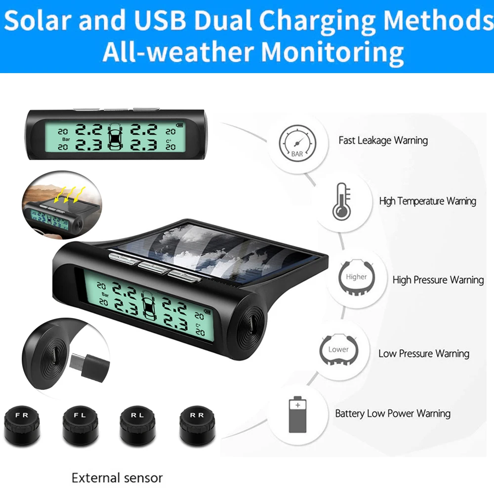 

Tire Pressure Monitoring System TPMS Tire Pressure Monitor System with Solar Charger TPMS with 4 External sensors 5 Alarm Modes