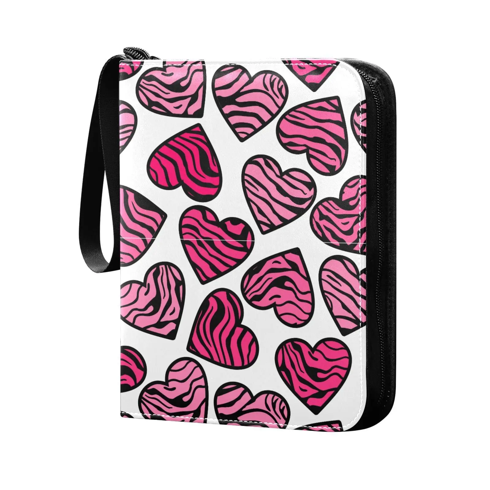 Zebra Print Hearts 4 Pocket Cards Binder, 400 Double Sided Pocket Album for Sport Game Cards, Unique Card Collection Storage