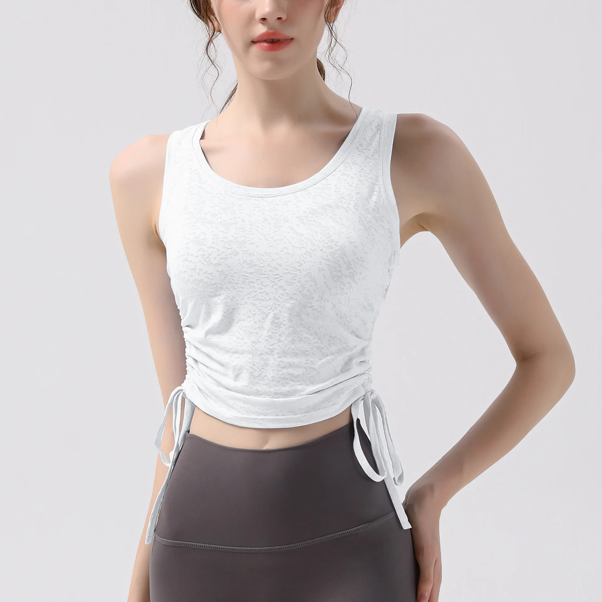 Drawstring Sports Vest Women Running Jacquard Thin Slim Sleeveless Blouse Pilates Thin Tops Yoga Clothing Summer Gym