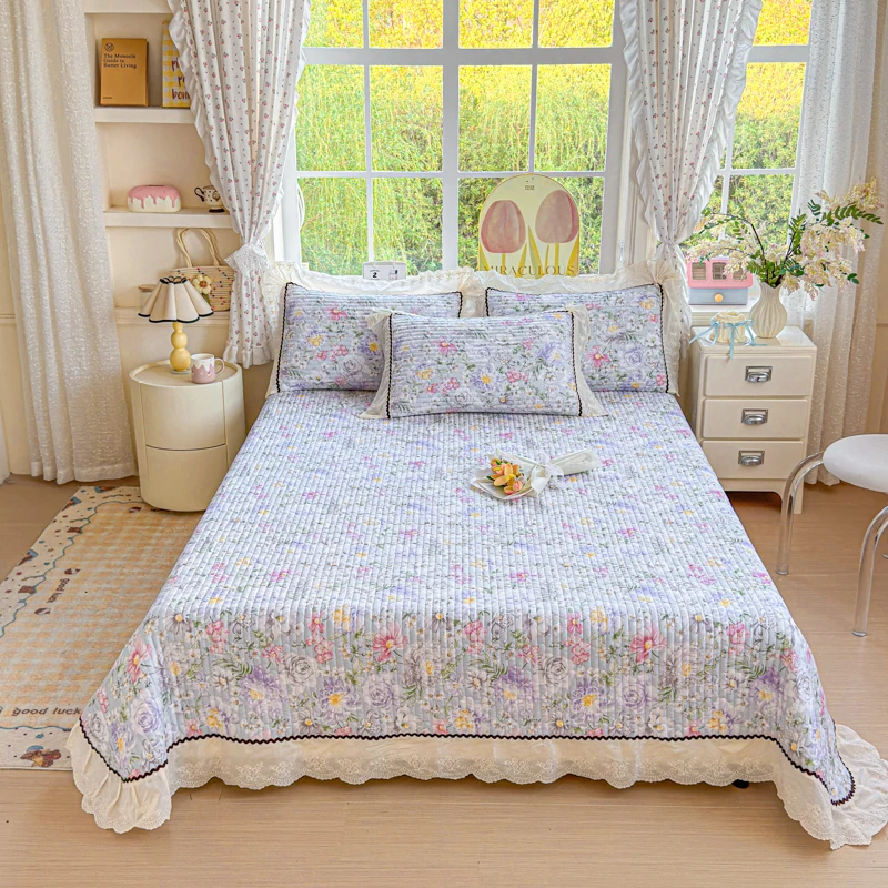 100%Cotton Quilted Bedspread Lace Skin-friendly Bedsheet Soft 침대 패드 Queen/King Bedspreads colcha de cama casal (No Pillowcase)
