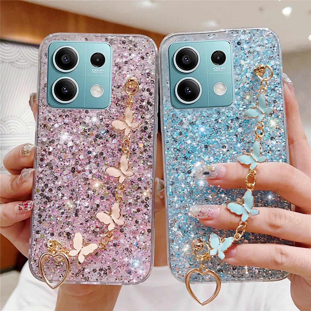 Luxury Butterfly Bracelet Glitter Case For Xiaomi Redmi Note 13 Pro Plus 5G 13C POCO X6 C65 M6 Pro 4G Soft Silicone Phone Cover