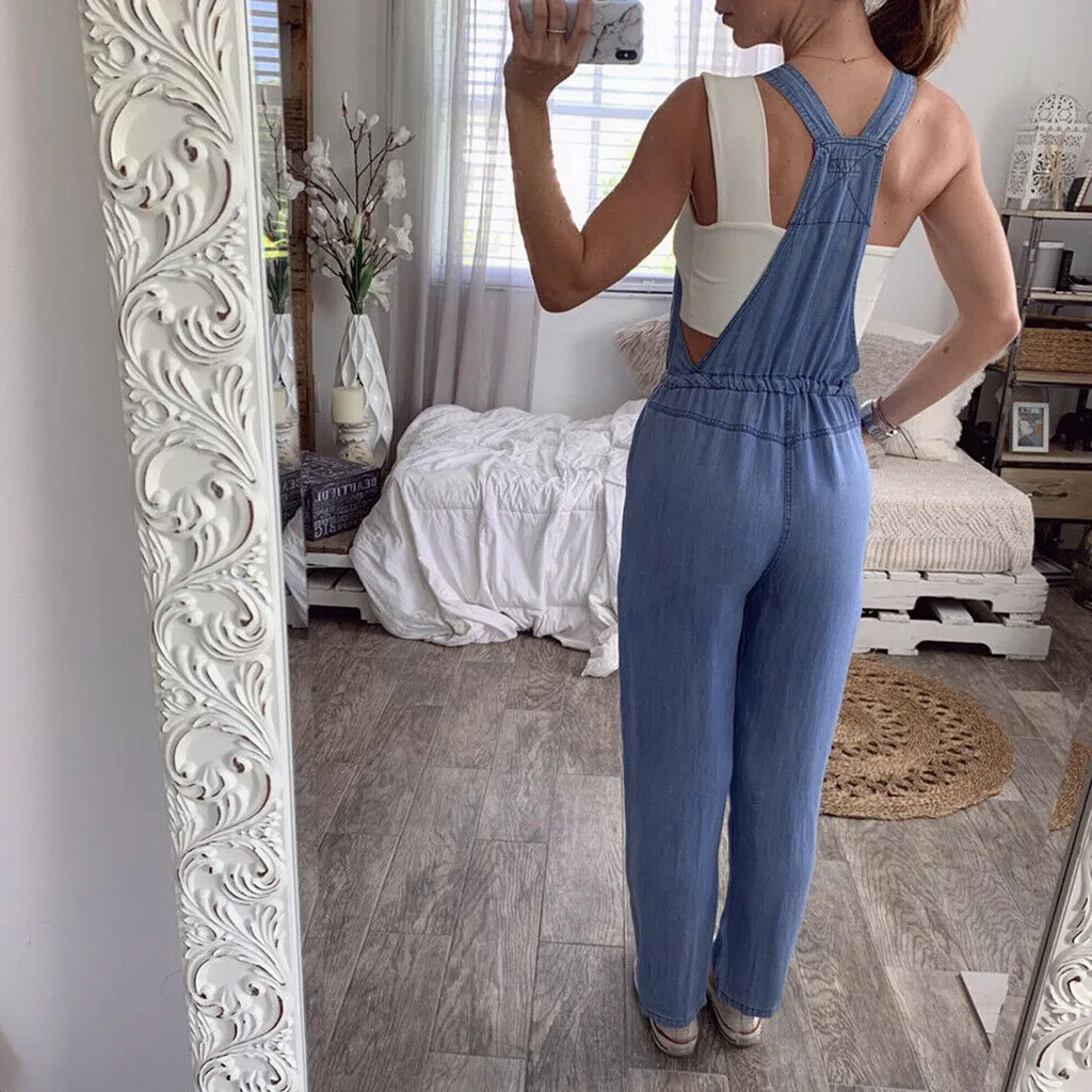 

2024 Denim Jumpsuit Women Loose Vintage Style Overalls Female Belted Wide Elegant Leg Pant Popular Denim Straight Leg Romper