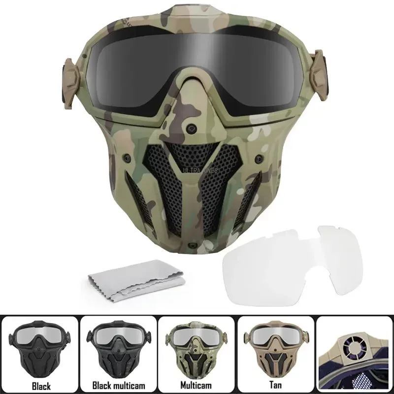 2 Lens Tactical Full Face Mask with Micro Fan Anti-fog Hunting Shooting Combat Masks Paintball Sports Mask Goggles Set