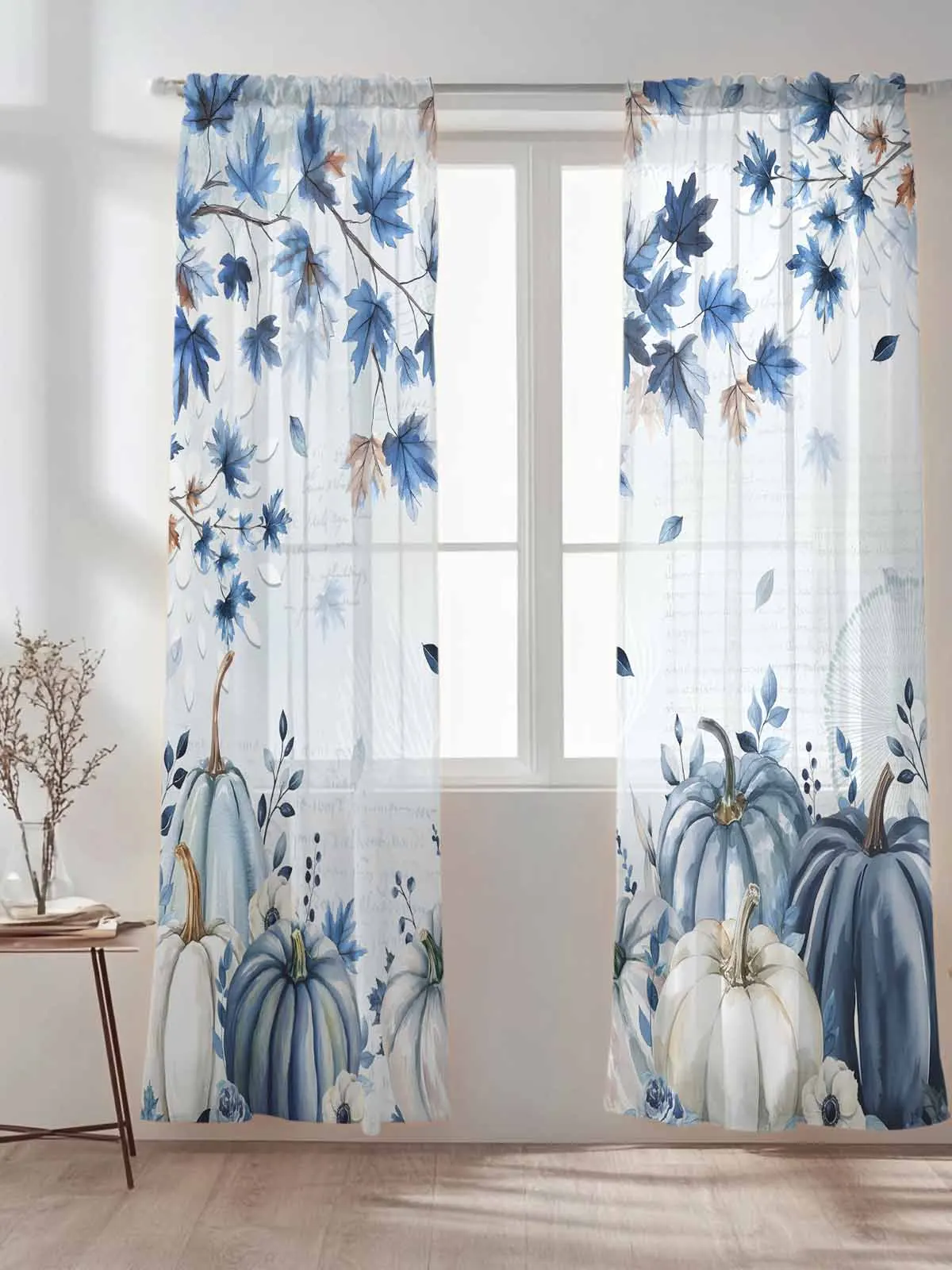 

Thanksgiving Blue Maple Leaf Tulle Sheer Curtains for Living Room Bedroom Kitchen Decoration Voile Organza Curtains