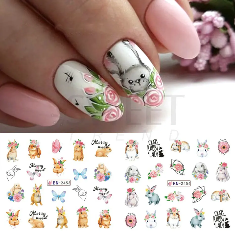 12pcs Cartoon Rabbit Nail Stickers Cute Bunny Ears Winter New Year Spring Flower Water Decals Sliders Manicure Decoration BEBN