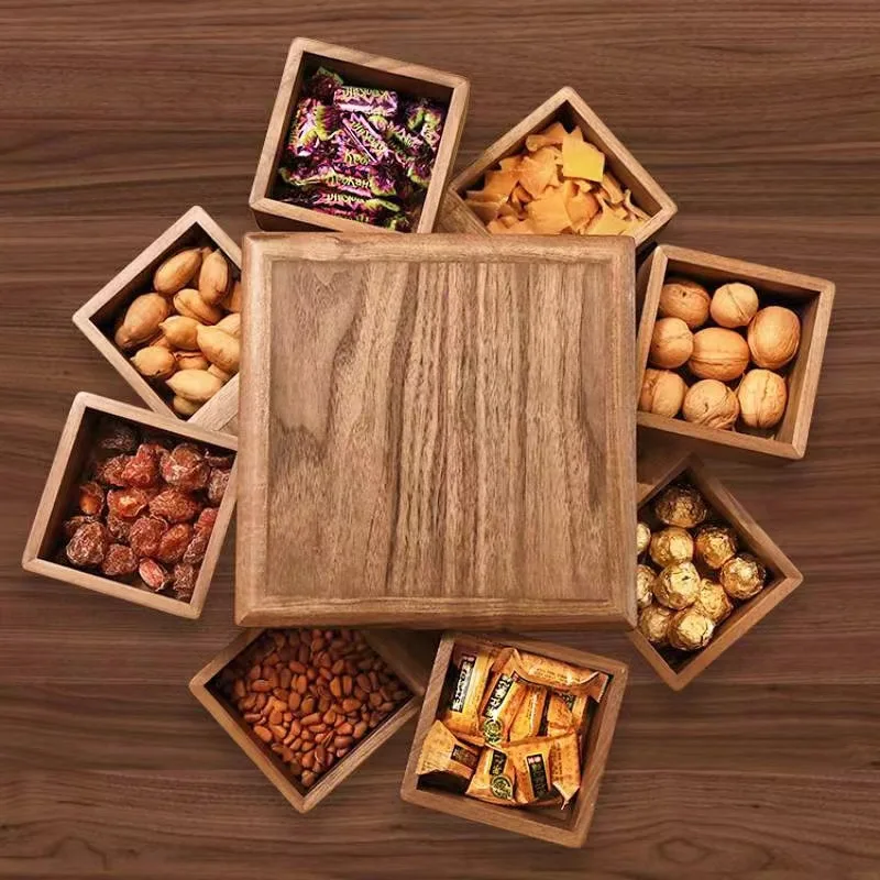 New Chinese Style Solid Wood Tray Rotating Dry Fruit & Snacks Storage Box for Home Living Room Coffee Table Melon Seeds Candies