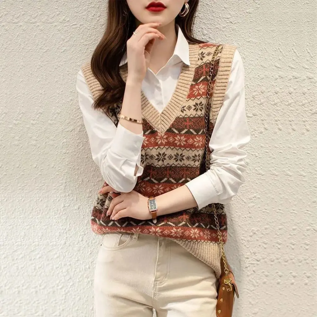 

Women's Retro Sweater Vest Spring Autumn Color Block Jacquard Sleeveless V-Neck Easy Match New Arrival