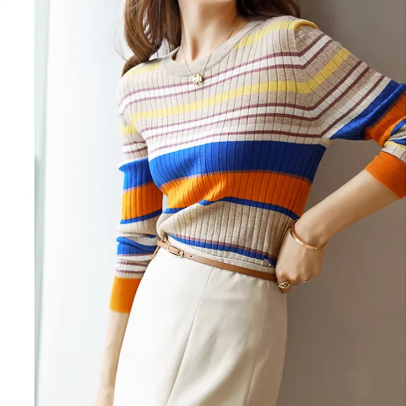 Spring Autumn Chic Casual Long Sleeve Woman Striped Sweater Rainbow Female Cute Harajuku Knitted garment Streetwear