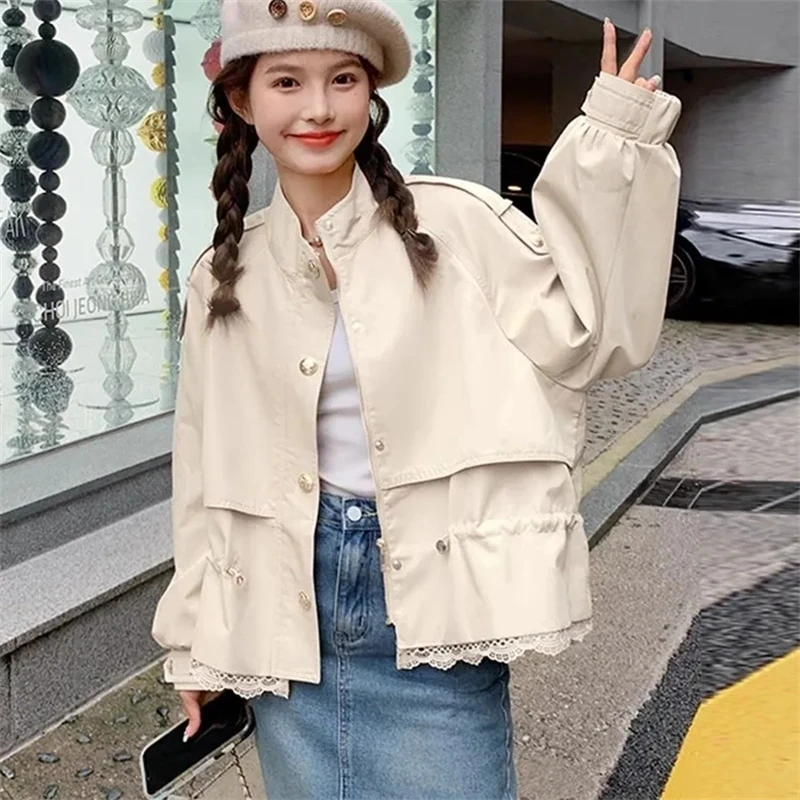 Women's Short Jacket 2026 Spring Autumn Korean Version High Quality Loose Ladies Coat Lace Stitching Short Female Outerwear