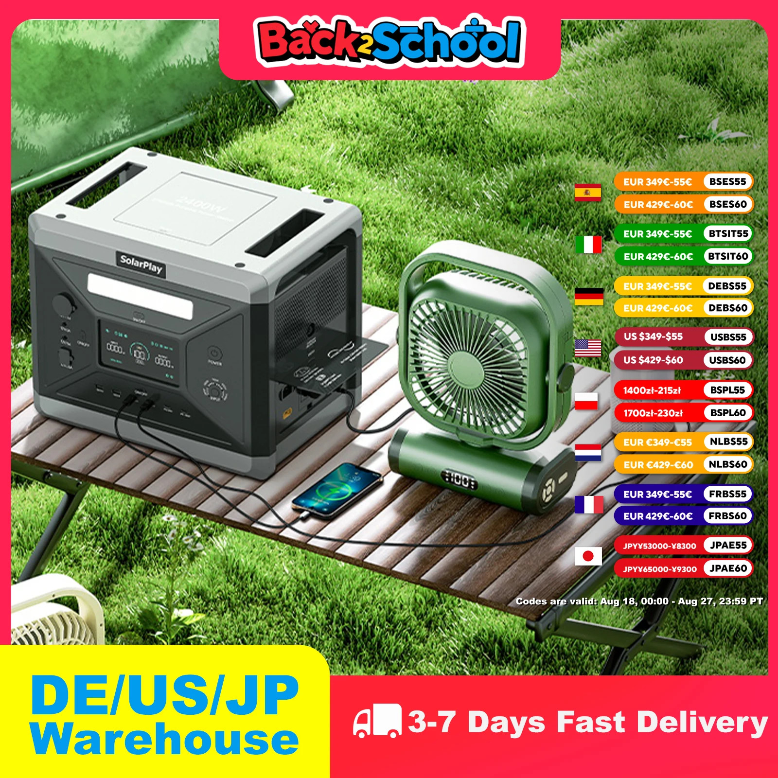 

SOLARPLAY 2400W Energy Station Q2501 Portable Power Bank Rechargeable Batteries 400W Flexible Solar Panel for Camper Accessories