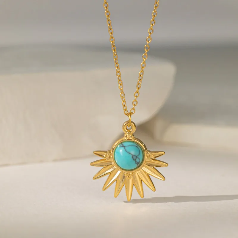 Retro Ethnic Style Imitation Turquoise Pendant with Titanium Steel Personality Niche High-end Necklace Women Jewelry Accessories