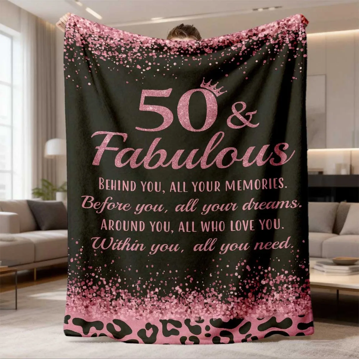 Pink Glitter Slogan Leopard Trim Black Background Flannel Throw Blanket, Warm Cozy Blanket, Luxury Birthday Gift For 50 Year Old