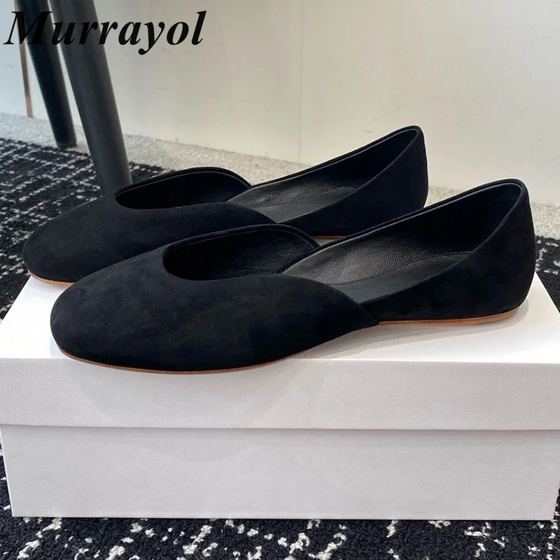 

Round Toe Shallow Mouth Cow Suede Flat Shoes Women Retro Solid Color Mary Jane Shoes Spring Autumn Vacation Ballet Shoes