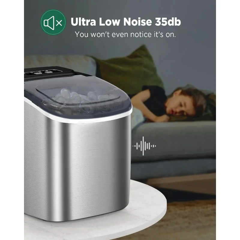 เคาน์เตอร์เครื่องทําน้ําแข็ง Silonn, 9 ก้อนพร้อมใน 6 นาที, 26 ปอนด์ใน 24 ชม., เครื่องทําน้ําแข็งทําความสะอาดตัวเองพร้อมที่ตักน้ําแข็งและตะกร้า