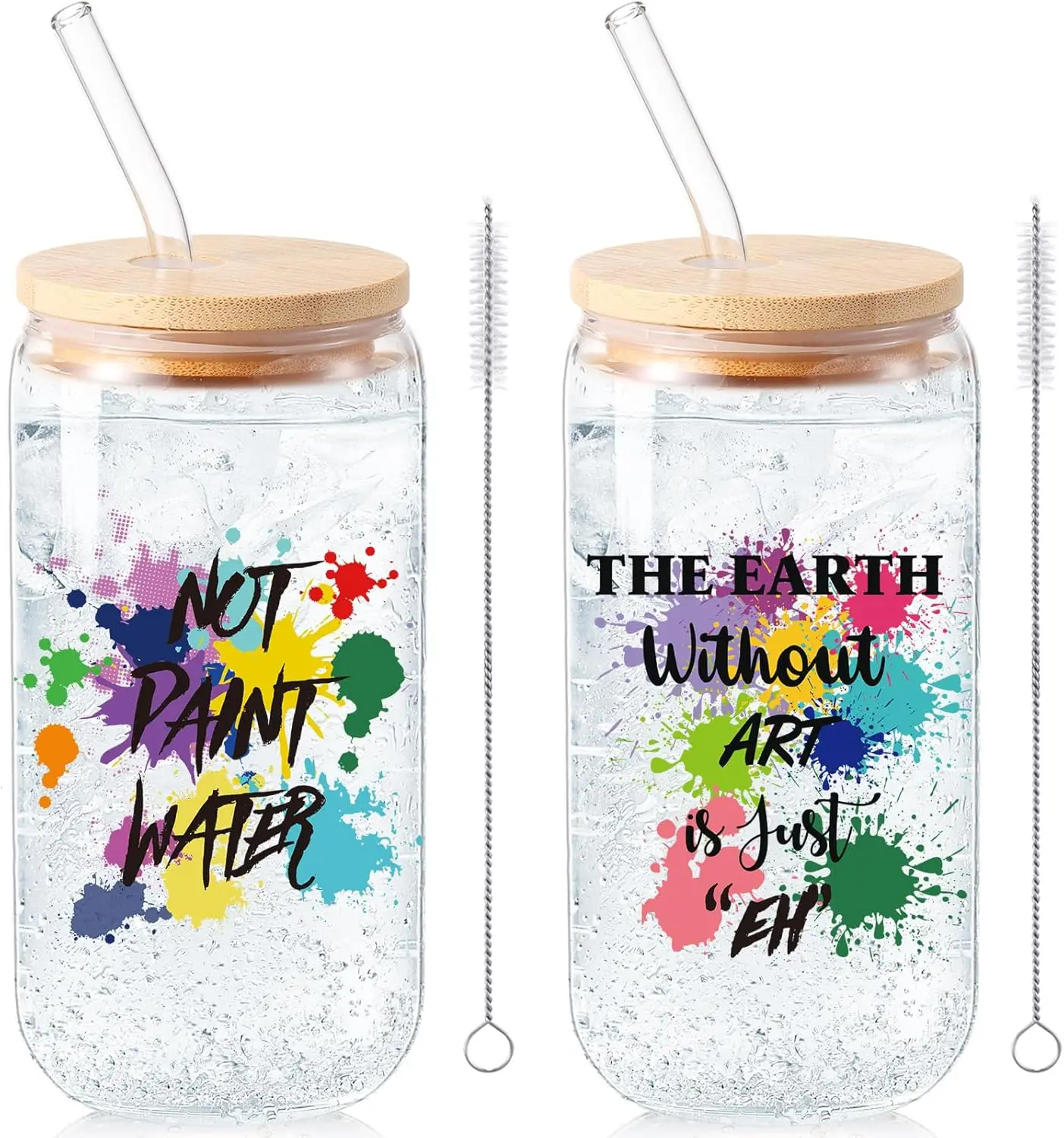 

2 Pcs Art Teacher Gift Back to School Glass Cups with Bamboo Lids and Straw 16 oz Drinking Tumbler Iced Coffee Can Shaped Cup fo