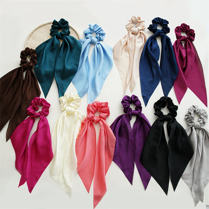 Fashion Solid Color Bow Satin Long Ribbon Ponytail Scarf Hair Tie Scrunchies Women Girls Elastic Hair Bands Hair Accessories