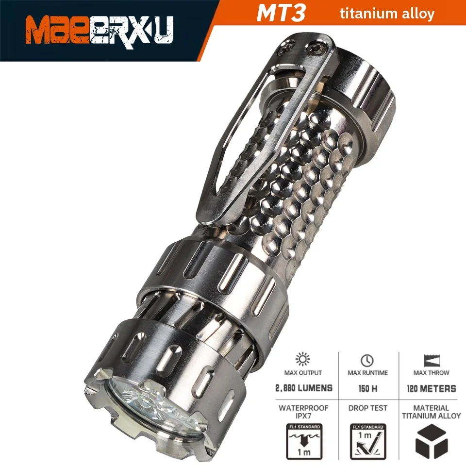 Maeerxu MT3 Titanium Torch 18350 Battery 2880LM High Power Super Bright Flashlight Survival Flashlight for Bicycle and Fishing