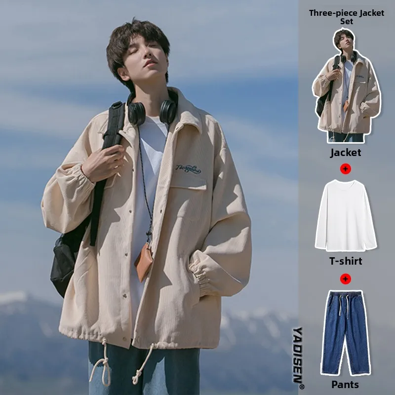 

Spring Season Corduroy Jaet Men's Sle American Retro Japanese Youth Feel Hong Kong Sle Tee Piece Set Faion Trend