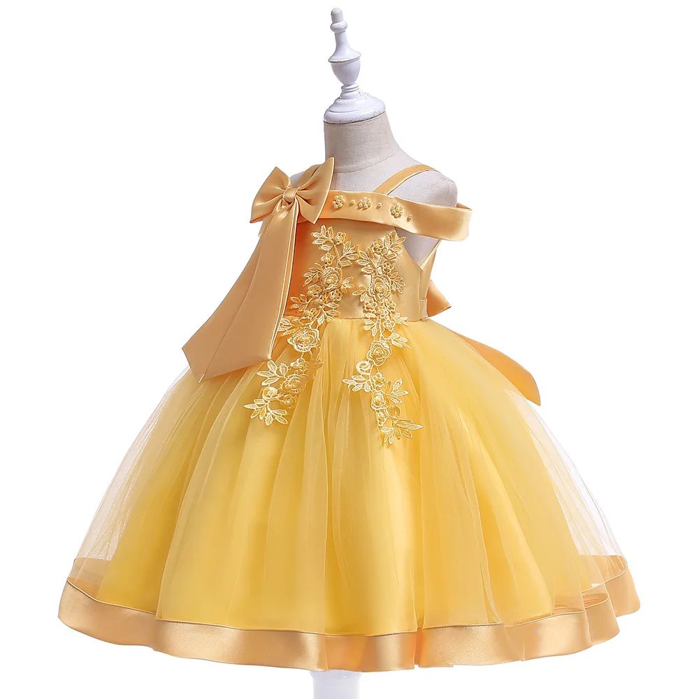 New Children's Dress Bow Girl's Applique Princess Dress Mesh Skirt Western Piano Performance Dress Walk Show Ball Gown