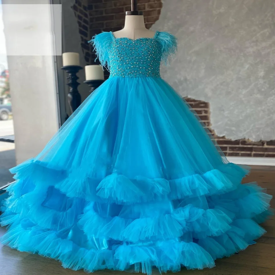 

Luxury Customized Flower Girl Dress For Wedding Puffy Tulle Feather Sleeve Beaded Kids Pageant Party First Communion Dresses